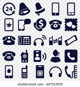 Call icons set. set of 25 call filled icons such as desk phone, poker on phone, bell, 24 support, photo with heart, headset, call, door bell, bell, walkie talkie, support