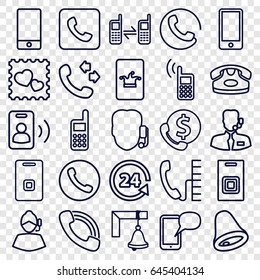 Call icons set. set of 25 call outline icons such as call, desk phone, poker on phone, 24 support, photo with heart, door ringer, help support, door bell
