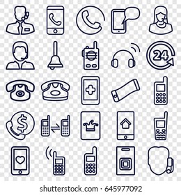 Call icons set. set of 25 call outline icons such as desk phone, poker on phone, phone, 24 support, customer support, heart mobile, bell, door bell, headset