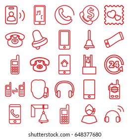 Call icons set. set of 25 call outline icons such as bell, phone, 24 support, photo with heart, desk phone, headset, bell, walkie talkie, support