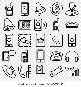 Call icons set. set of 25 call outline icons such as desk phone, poker on phone, bell, heart mobile, photo with heart, headset, call, bell, help support, mobile signal