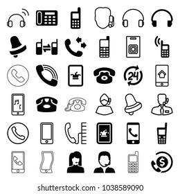 Call icons. set of 36 editable filled and outline call icons such as desk phone, poker on phone, bell, headset, support, help support