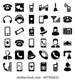 Call icons set. set of 36 call filled icons such as desk phone, bell, phone, customer support, heart mobile, photo with heart, headset, operator, support, bell, help support