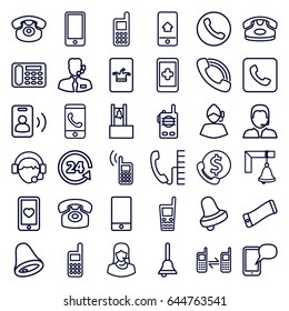 Call icons set. set of 36 call outline icons such as desk phone, poker on phone, bell, phone, 24 support, customer support, heart mobile, operator, bell