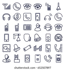 Call icons set. set of 36 call outline icons such as bell, desk phone, 24 support, photo with heart, old phone, operator, connected phone, door ringer, headset, bell