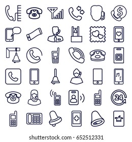 Call icons set. set of 36 call outline icons such as call, desk phone, poker on phone, bell, phone, 24 support, customer support, heart mobile, photo with heart, bell