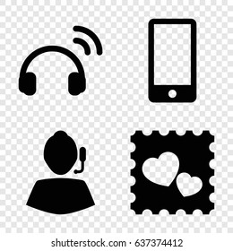 Call icons set. set of 4 call filled icons such as photo with heart, phone, headset