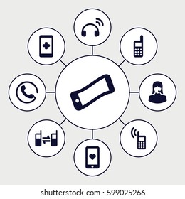 call icons set. Set of 9 call filled icons such as call, customer support, heart mobile, connected phone, phone, headset, wavy phone