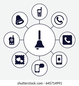 Call icons set. set of 9 call filled icons such as call, photo with heart, old phone, home on phone display, bell, message on phone