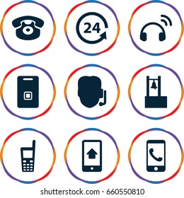 Call icons set. set of 9 call filled icons such as 24 support, old phone, desk phone, door ringer, headset, bell