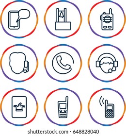 Call icons set. set of 9 call outline icons such as call, poker on phone, old phone, operator, walkie talkie, bell