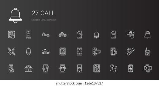 call icons set. Collection of call with earphones, manual, smartphone, receptionist, taxi, notification bell, phone call, notification, online shopping. Editable and scalable call icons.