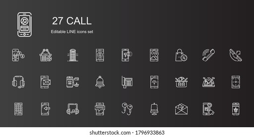 conjunto de iconos de llamada. Colección de llamadas con notificación, timbre de notificación, auriculares, smartphone, auriculares, compras en línea, teléfono, campana. Iconos de llamadas modificables y escalables.