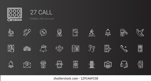 call icons set. Collection of call with online shopping, phone booth, smartphone, notification, earphones, telephone, bell, taxi, online shop. Editable and scalable call icons.