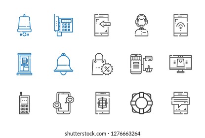call icons set. Collection of call with smartphone, lifebuoy, cellphone, online shop, online shopping, promotions, bell, phone box, customer service. Editable and scalable call icons.