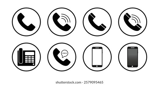 Call icons in various styles. Phone icons and telephone sign symbols.