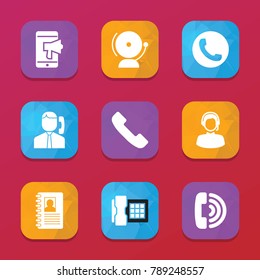 Call icons. vector collection filled call icons set.. includes symbols such as contact book, desk phone, school bell, megaphone. use for web, mobile and ui design.