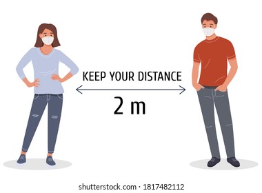 A call to maintain a social distance of 2 meters or 6 feet. A man and a woman in protective masks stand two meters away from each other. Vector flat illustration.