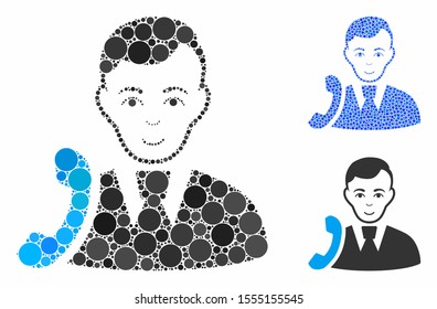 Call manager mosaic of filled circles in various sizes and color hues, based on call manager icon. Vector filled circles are united into blue mosaic.