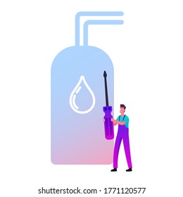 Call Master Character in Robe Install Smart Heater. Husband for an Hour Repair Service, Worker with Screwdriver Fixing Broken Technics at Home. Electrician Plumber at Work. Cartoon Vector Illustration