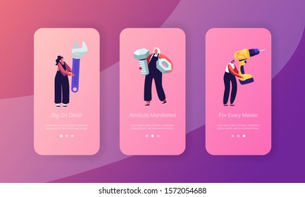 Call Master Girls Mobile App Page Onboard Screen Set. Women in Uniform Holding Huge Tools for Fixing Broken Technics or Repair Home Concept for Website or Web Page. Cartoon Flat Vector Illustration