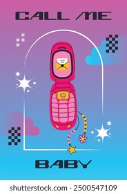 Call me baby. Retro poster with pink mobile phone, telephone. Positive y2k style poster. Nostalgia for 2000s. Trendy banner with frame, stars, clouds and purple and blue gradient.