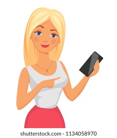 call me. beautiful blonde girl shows a finger on a smartphone. woman offers to call. cartoon vector illustration