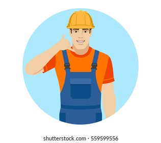 Call me! Builder showing us a call me sign. Portrait of builder in a flat style. Vector illustration.