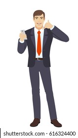 Call me! Businessman with mobile phone showing a call me sign. Full length portrait of businessman in a flat style. Vector illustration.