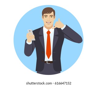 Call me! Businessman with mobile phone showing a call me sign. Portrait of businessman character in a flat style. Vector illustration.