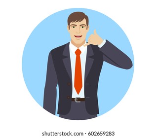 Call me! Businessman showing us a call me sign. Portrait of businessman in a flat style. Vector illustration.