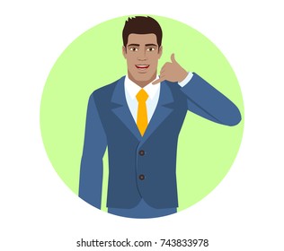 Call me! Businessman showing us a call me sign. Portrait of Black Business Man in a flat style. Vector illustration.