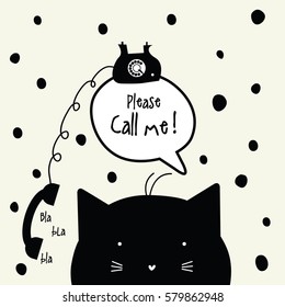 Call me card with copy space. Cat character with speech bubble.