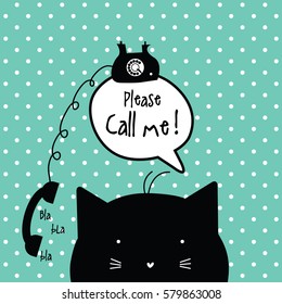 Call me card with copy space. Cat character with speech bubble.
