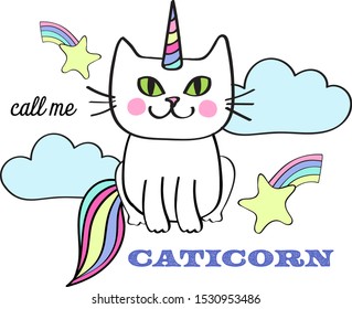 Call Me Caticorn Whimsical Cat Unicorn  placement print with fun typography, clouds, rainbows and shooting stars in pastel colors