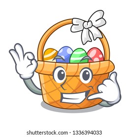 Call me easter basket above wooden cartoon table