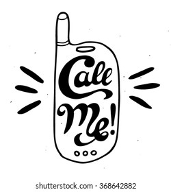 "Call me" hand drawn lettering with phone illustration