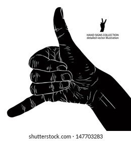 Call me hand sign, detailed black and white vector illustration.