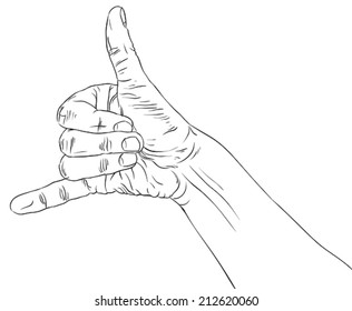 Call me hand sign, detailed black and white lines vector illustration, hand drawn.