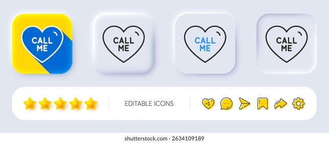Call me line icon. Neumorphic, Flat shadow, 3d buttons. Sweet heart sign. Valentine day love symbol. Line call me icon. Social media icons. Vector