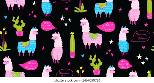 Call me Llama, says Llama. Llamas and cactus in pots seamless pattern colorful hand drawn design on black. Colorful lama and plants hand drawn cartoon seamless pattern creative and fun, vivid color.