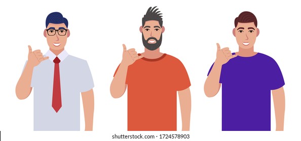 Call me! Men showing phone or call me gesture with hand fingers shaped like telephone. Character set. Vector illustration in cartoon style.
