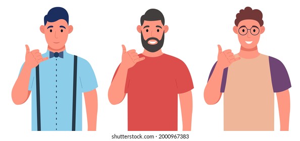 Call me! Men showing phone or call me gesture with hand fingers shaped like telephone. Character set. Vector illustration.