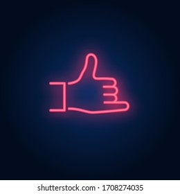 Call me neon sign. Glowing hand in call me gesture on brick wall background. Vector illustration can be used for gesturing, communication, chatting