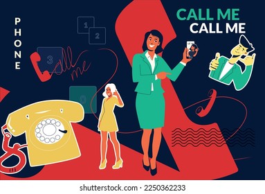 Call me phone flat collage composition abstract situation women and man ask to call them in front of the phone vector illustration