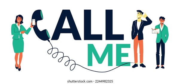 Call me phone flat concept big sign and three beautiful people offering to call them vector illustration