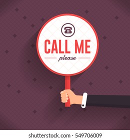 Call Me Please Message Flat Vector Card Design. Hands Hold Signboard Illustration