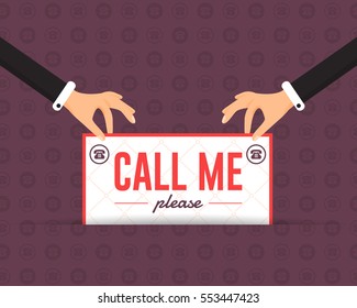 Call Me Please Message Flat Vector Card Design. Hands Hold Signboard Illustration