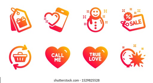 Call me, Refresh cart and Sale line icons set. True love, Coupons and Heart signs. Snowman, Balloon burst symbols. Love sweetheart, Online shopping. Holidays set. Gradient call me icons set. Vector