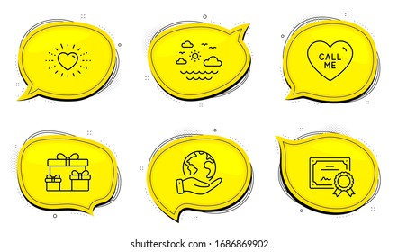 Call me sign. Diploma certificate, save planet chat bubbles. Surprise boxes, Heart and Travel sea line icons set. Holiday gifts, Love, Summer holidays. Love sweetheart. Holidays set. Vector